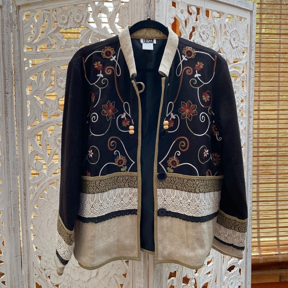 Funky Vintage Embroidered Lace and Floral Burlap Jacket - Large-XL